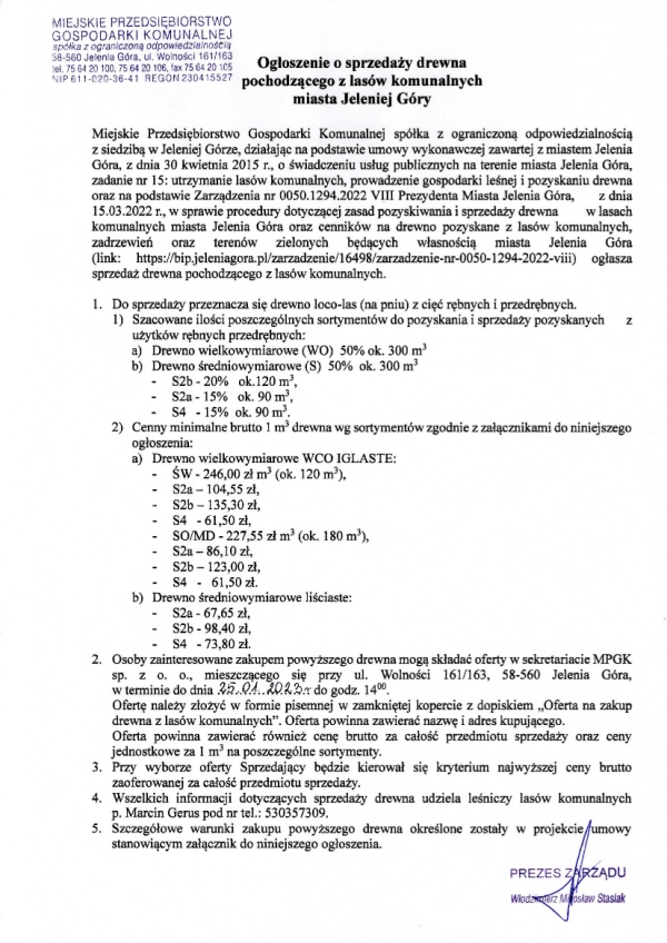 Ogłoszenie o sprzedaży drewna pochodzacych z lasów komunalnych